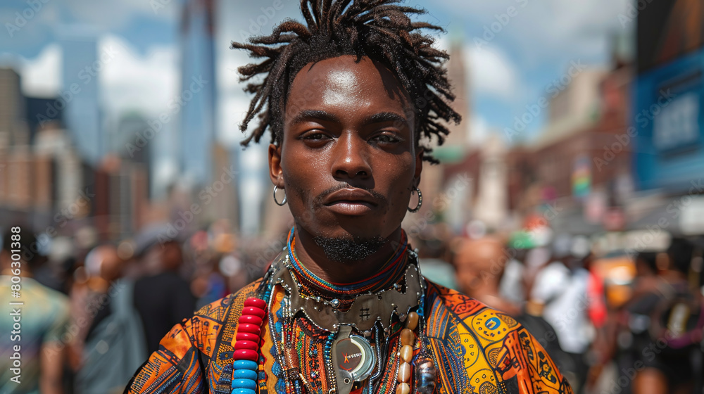 Fashion Forward Juneteenth, portrait of black man with an attitude. Contemporary youth celebrates ethnicity pride. Fashion Forward Juneteenth, portrait of black man with an attitude. Contemporary youth celebrates ethnicity pride.