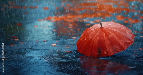 The red umbrella is placed on the ground, and heavy rain falls from above.