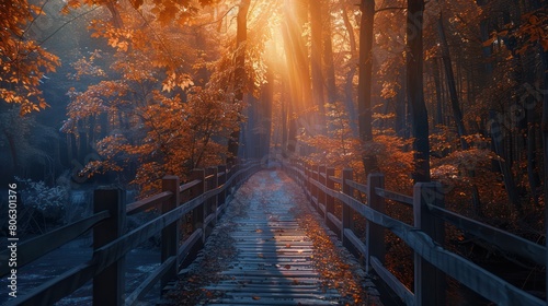 Mystical autumn forest with a wooden bridge  leaves covered pathway  and sun rays piercing through the dense misty atmosphere  evoking calmness