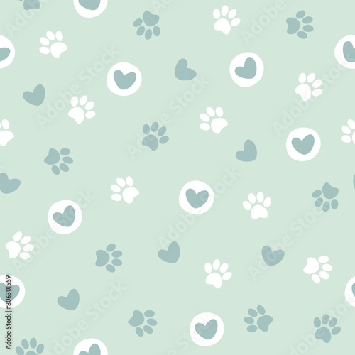 Pet paw seamless pattern. Cat or dog footprint and hearts pattern. Vector illustration. It can be used for wallpapers, wrapping, cards, patterns for clothing and others.