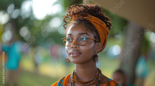 portrait of a young African American woman reading the Emancipation Proclamation at a Juneteenth community gathering