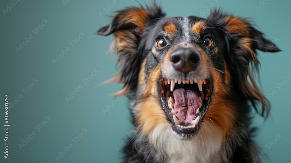 Australian Shepherd, angry dog baring its teeth, studio lighting pastel background