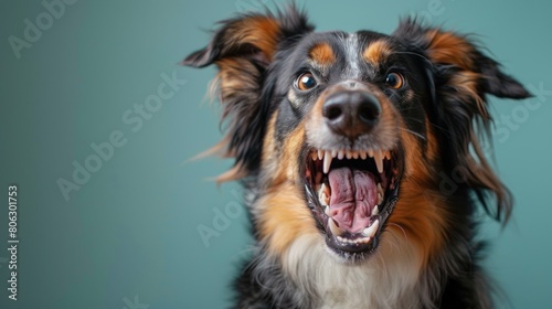 Australian Shepherd, angry dog baring its teeth, studio lighting pastel background