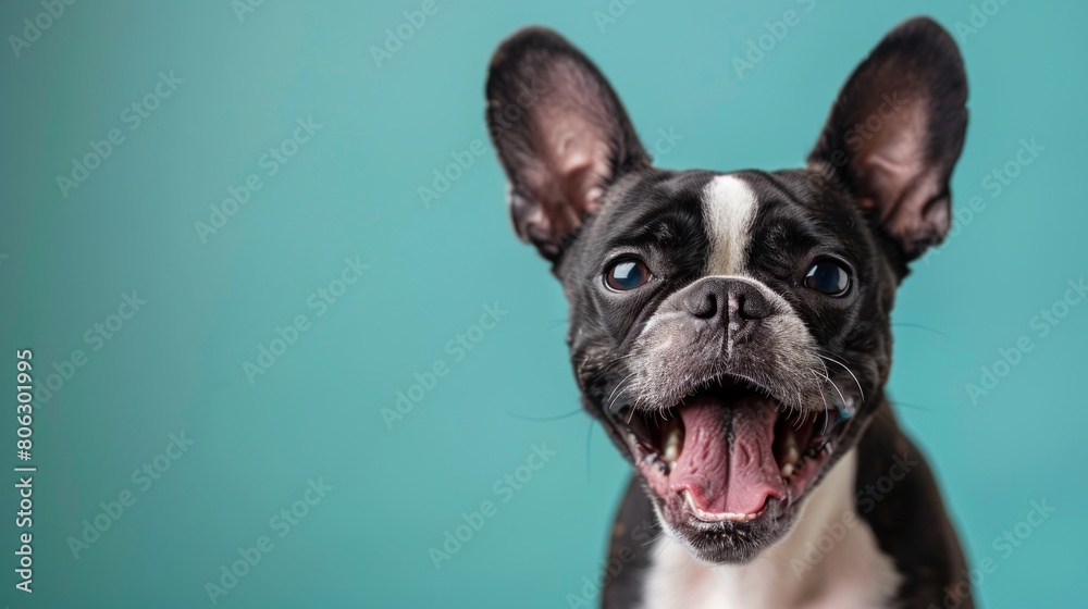 Boston Terrier, angry dog baring its teeth, studio lighting pastel background