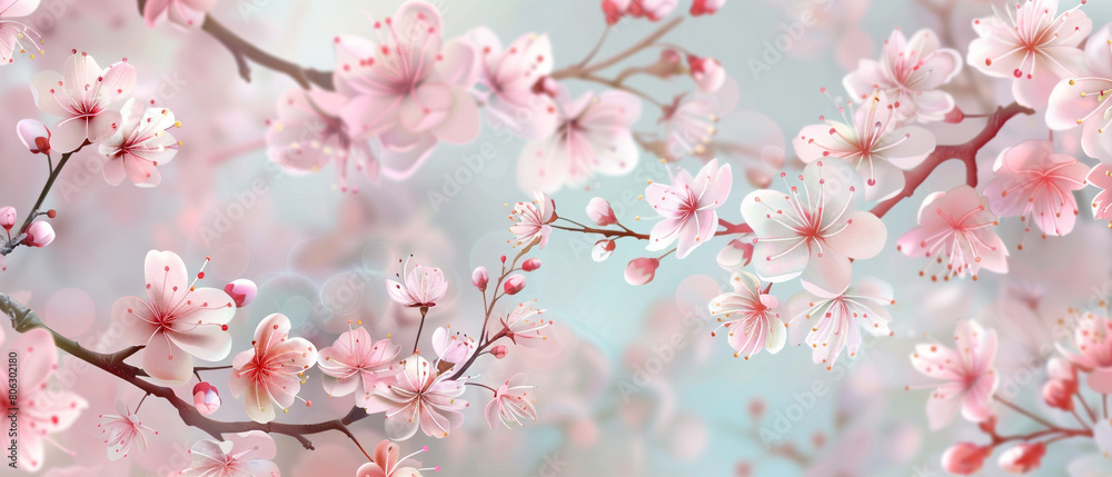 Soft pastel hues depict a traditional Japanese cherry blossom print, showcasing delicate beauty and serenity.