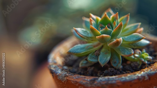 A detailed image of a green succulent plant with hints of red, sitting in a small terracotta pot with soft focus background photo