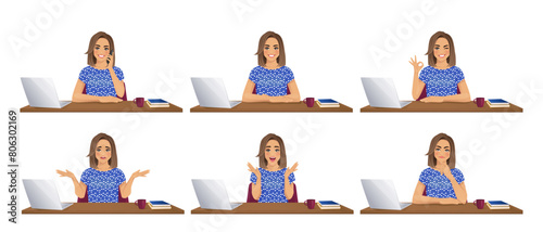 Beautiful business woman wearing bright clothes using laptop computer sitting at the desk in different poses set isolated vector illustration © Volha Hlinskaya