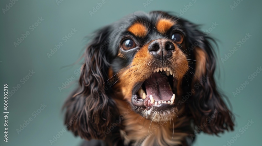 Cavalier King Charles Spaniel, angry dog baring its teeth, studio lighting pastel background