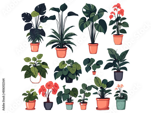 Houseplants, Assorted houseplant collection — hand-drawn vector elements, Top- and room plants, Set of houseplant illustrations, Watercolor Small Pot Plants, Mediterranean composition.