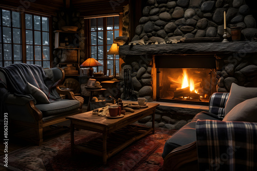 living room fireplace stone wall cabin  stone wall cabin iving room bonfire  fireplace in livingroom stone wall house cozy  vibe int6erior
