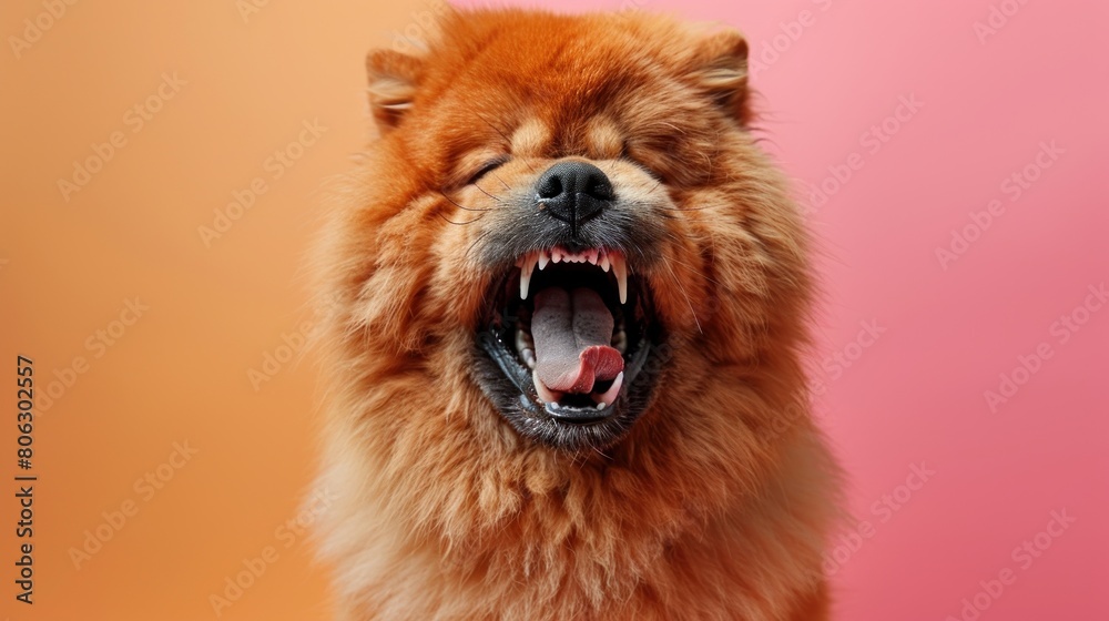 Chow Chow, angry dog baring its teeth, studio lighting pastel background