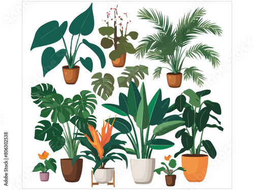 Houseplants, Assorted houseplant collection — hand-drawn vector elements, Top- and room plants, Set of houseplant illustrations, Watercolor Small Pot Plants, Mediterranean composition.