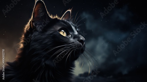 Black cat with big eyes on a dark background with smoke and fire © Bilal