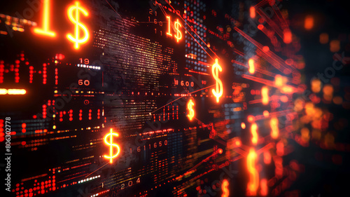 Financial market   s digital interface  illuminated by glowing dollar symbols and numerical data  illustration of financial data analytics  stock market trends  and economic indicators