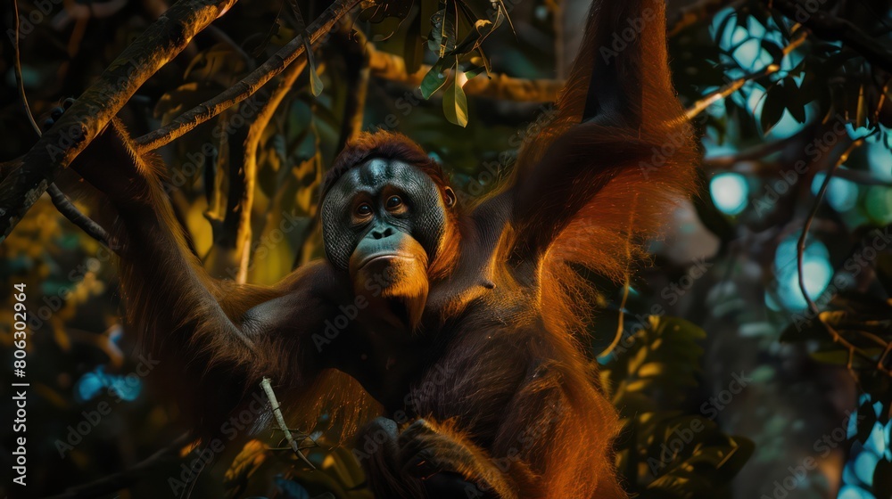 A vivid representation of wildlife conservation efforts, using the orangutan as a symbol of endangered species protection A vivid representation of wildlife conservation efforts, using the orangutan as a symbol of endangered species protection
