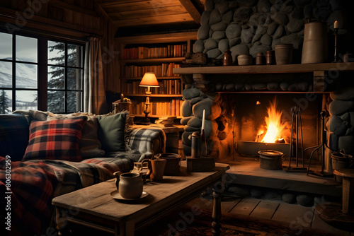 living room fireplace stone wall cabin, stone wall cabin iving room bonfire, fireplace in livingroom stone wall house cozy  vibe int6erior photo