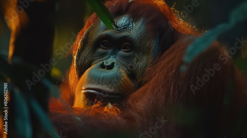 Intimate glimpse into the soulful eyes of an orangutan, encapsulating the essence and beauty of this majestic creature