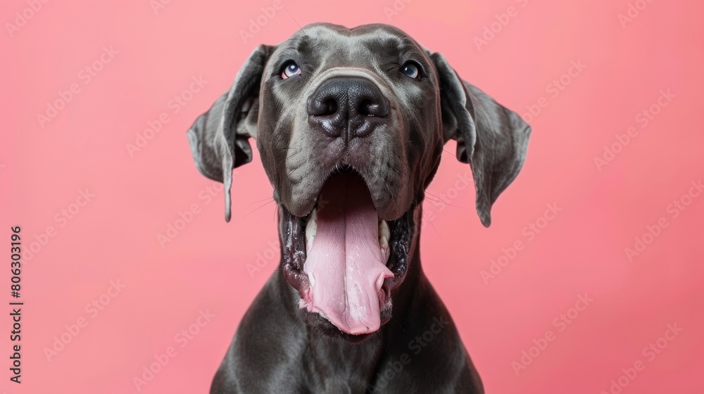 Great Dane, angry dog baring its teeth, studio lighting pastel background