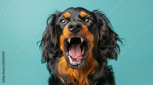 Gordon Setter, angry dog baring its teeth, studio lighting pastel background photo