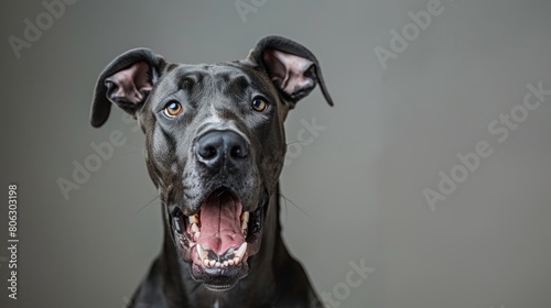 Great Dane, angry dog baring its teeth, studio lighting pastel background