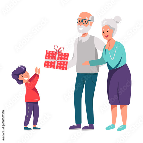 Illustration of a Giving a Gift boy and grandmother and grandfather in white background © Наталья Пшеничная