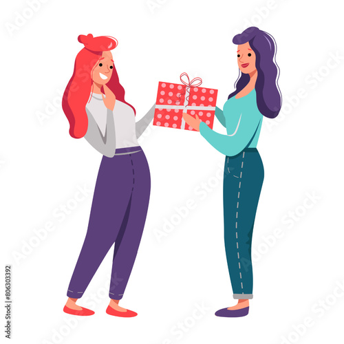 Illustration of a Giving a Gift two women friends in white background © Наталья Пшеничная