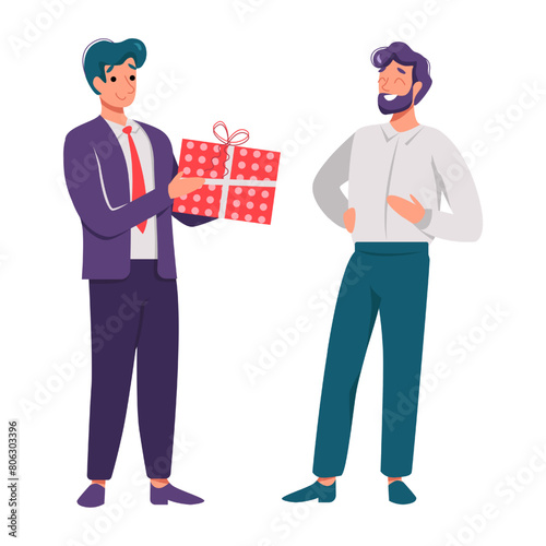 Illustration of a Giving a Gift boss and employee two men in white background © Наталья Пшеничная