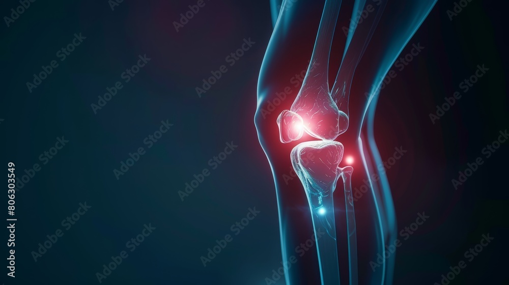Detailed 3D model of human knee anatomy with pain indicators, medical concept visualization Detailed 3D model of human knee anatomy with pain indicators, medical concept visualization