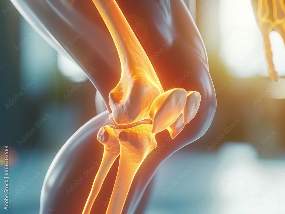 Educational 3D depiction of knee joint pain due to overuse