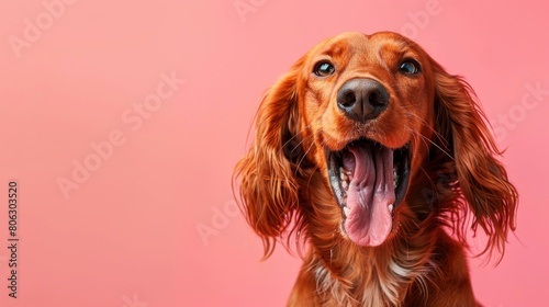 Irish Setter, angry dog baring its teeth, studio lighting pastel background