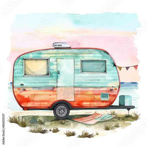 retro camper wagon with sea vector illustration in watercolor style