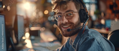 Young male support service operator wearing headphones and a microphone to communicate with clients