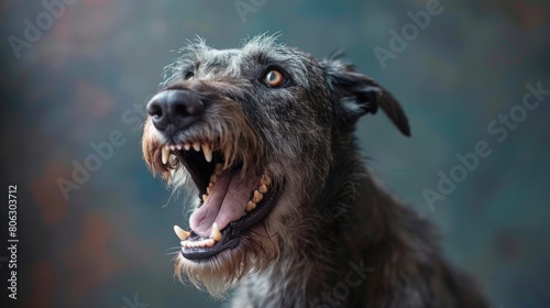Irish Wolfhound, angry dog baring its teeth, studio lighting pastel background