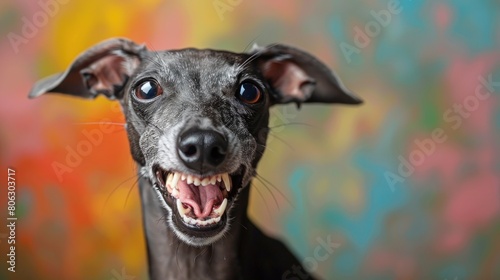 Italian Greyhound, angry dog baring its teeth, studio lighting pastel background