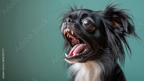 Japanese Chin, angry dog baring its teeth, studio lighting pastel background