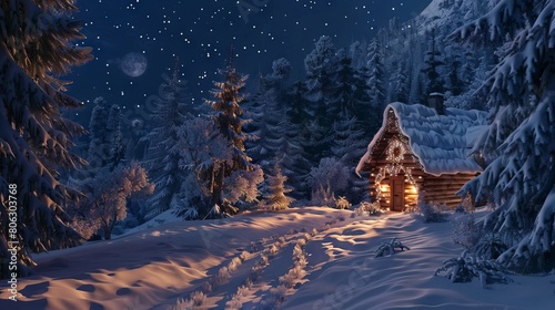 Winter's Charm: Snowy Evergreens and Cozy Cabin