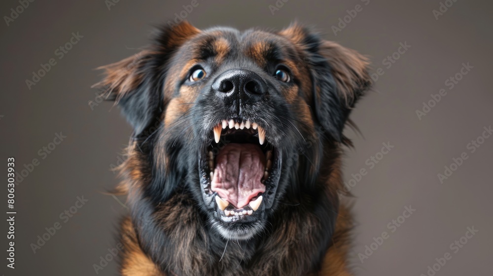 Leonberger, angry dog baring its teeth, studio lighting pastel background Leonberger, angry dog baring its teeth, studio lighting pastel background