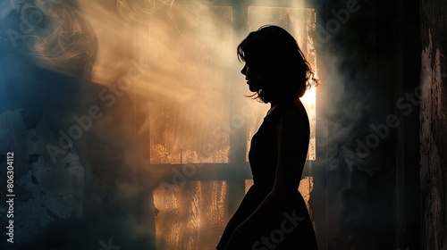 Dark room with smoke, silhouette of a woman standing