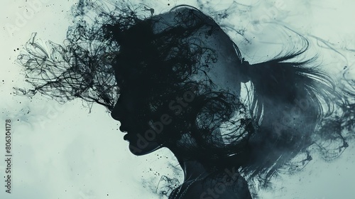 Smoke and ash cover a woman's head, creating a mysterious and haunting atmosphere