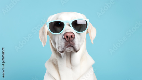 Portrait of a labrador retriever dog looking at the camera wearing sunglasses isolated on a color background.  © BlazingDesigns