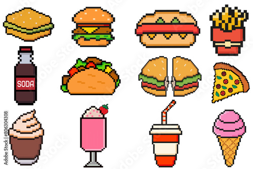 Fast food pixel art set of icons, fast restaurant pixelated elements burger, hot dog, taco, pizza, coffee, soda. Vintage game assets 8-bit sprite. 