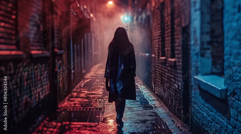 A person walking down a dimly lit alley at night, surrounded by shadows and mystery