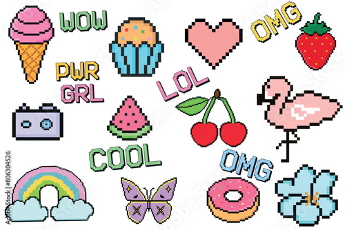 Pixeled summer stickers set in trendy retro pixel art design style. 80s-90s, digital vintage game style. Ice cream, flamingo, donut, rainbow, watermelon. Modern vector illustration. Summer vacation.