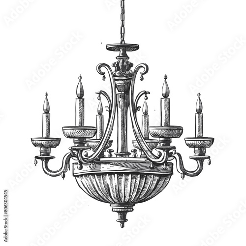 Chandelier engraved style ink sketch drawing, black and white vector illustration