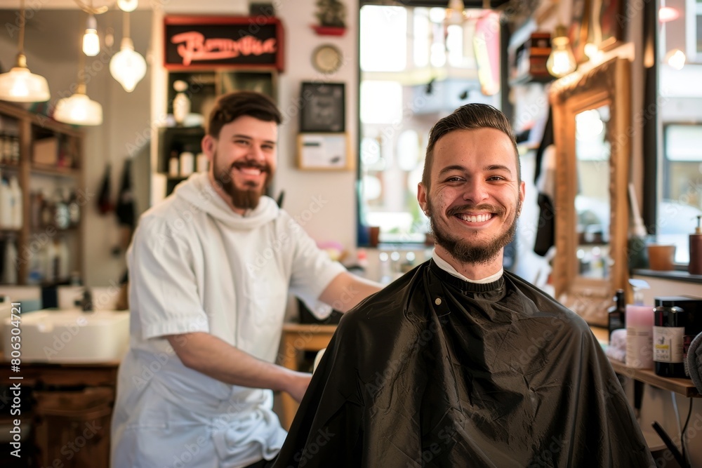 Portrait of happy young barber with client at barbershop and smiling, Generative AI