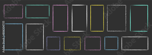 Set of colorful hand drawn grunge doodle charcoal, pencil, chalk square, rectangle border frames. Vector illustration template border for website, banner, app, poster, background, card, bullet journal