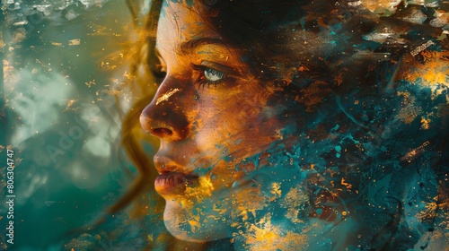 Female face blended with yellow and blue colour splashes