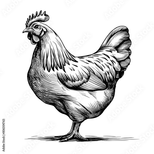 Chicken engraved style ink sketch drawing, black and white vector illustration