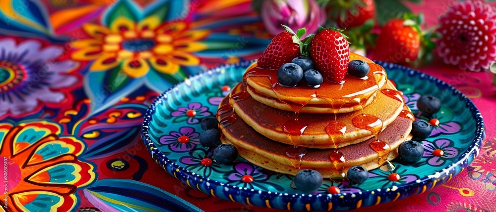 Delicious pancakes decorated with a blueberry and strawberry American flag design, drizzled with syrup on a vibrant red background