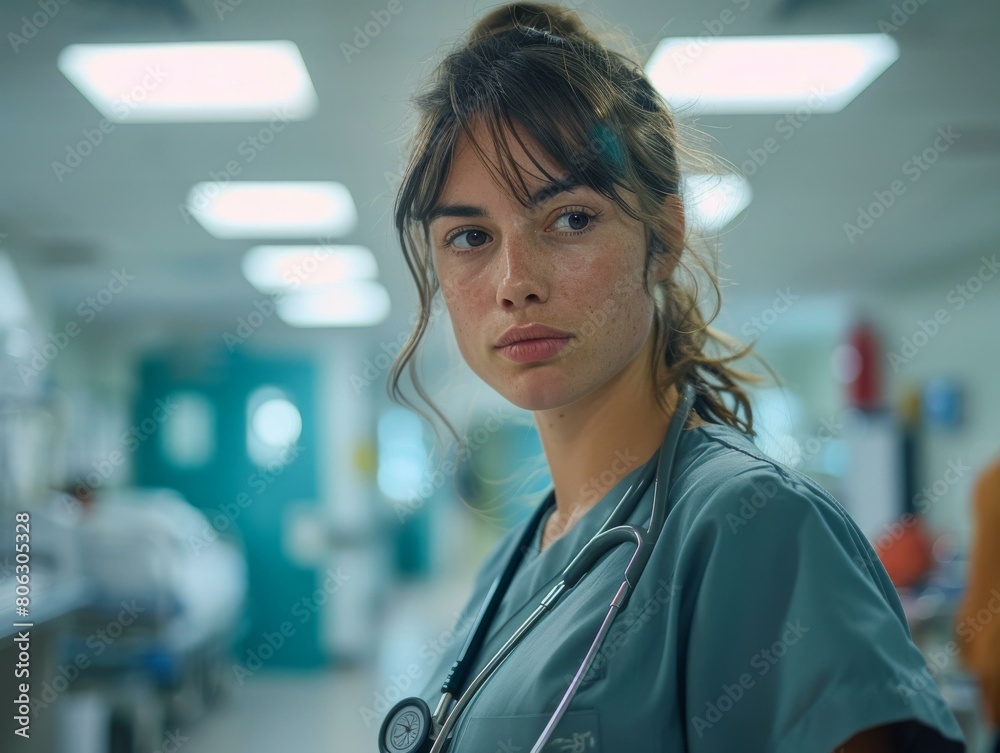 A young female doctor wearing a stethoscope around her neck looks off into the distance thoughtfully A young female doctor wearing a stethoscope around her neck looks off into the distance thoughtfully